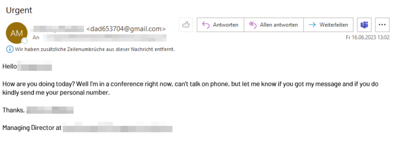 Social-Engineering-Phishing-E-Mail: Ein Screenshot zeigt eine täuschend echte Nachricht, in der ein vermeintlicher Angestellter einen Mitarbeiter bittet, seine persönliche Telefonnummer preiszugeben, da er gerade in einer Konferenz ist.