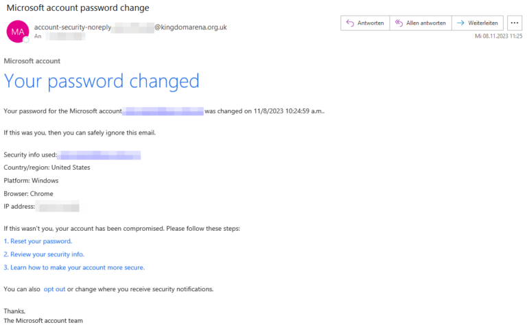 Ein Screenshot zeigt eine gefälschte Microsoft-Benachrichtigung, die den Empfänger fälschlicherweise über eine Passwortänderung informiert. Die Nachricht enthält einen gefährlichen Link zu einer Phishing-Seite.