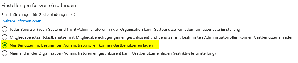 Einstellung für Gasteinladungen in Microsoft Entra ID, bei der ausschließlich Benutzer mit bestimmten Administratorrollen neue Gastbenutzer einladen dürfen.