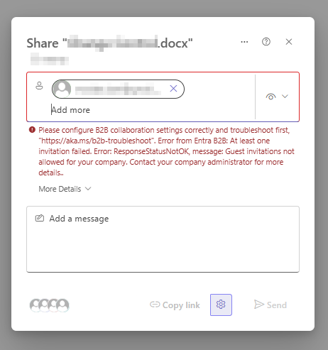 Fehlermeldung beim externen Teilen einer SharePoint-Datei aufgrund fehlender Berechtigung zur Anlage von Gastbenutzern.